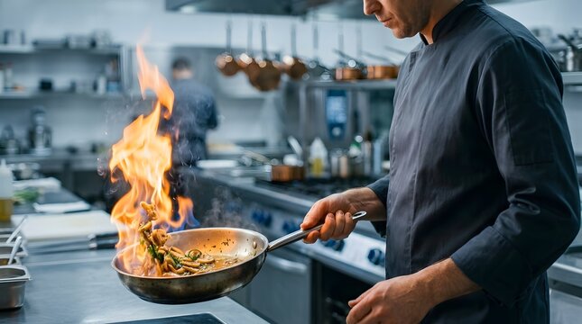 Professional chef flambeing dish with intense fire in stainless steel pan at modern commercial restaurant kitchen