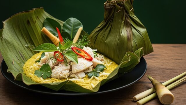 Gourmet Mok Pa steamed fish in banana leaf with herb coconut custard, minimalist presentation with jungle green copy space