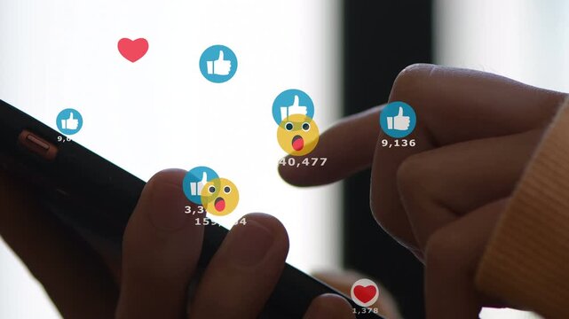 Social media icons floating above, representing the concept of social media marketing, engagement, and online communication