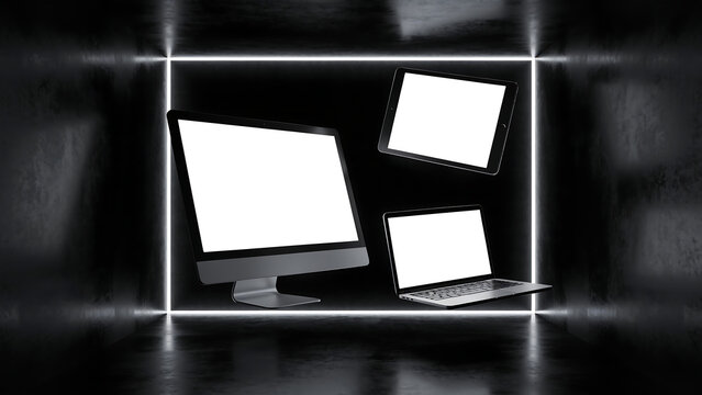 Empty digital frames on a dark textured wall.
