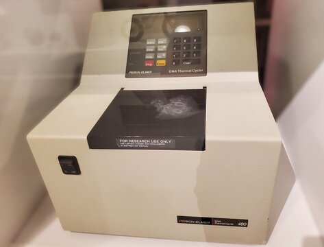 Pittsburgh, Pennsylvania, U.S.A - Jul 18, 2026 - Perkin Elmer DNA Thermal Cycler 480 featuring keypad, display, and research-use chamber for PCR temperature cycling.