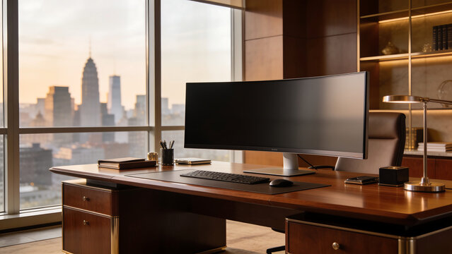 Modern office desk with computer and city skyline view.