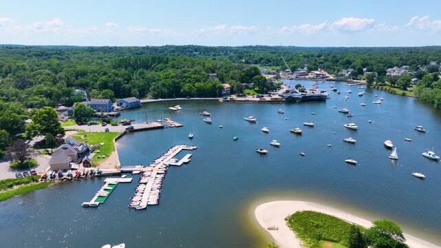 Cohasset Cove aerial view including fishing boat in the harbor in town of Cohasset, Massachusetts MA, USA. 