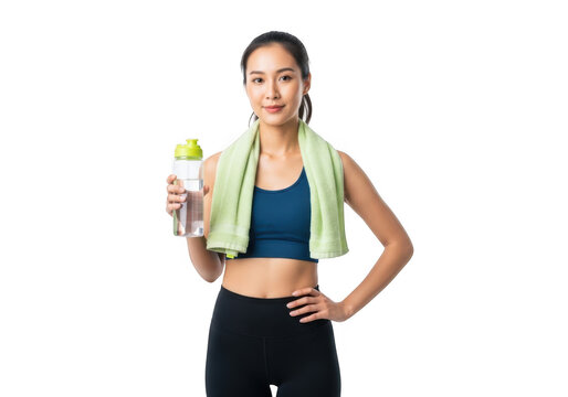 Young athletic woman holding a water bottle isolated on transparent background