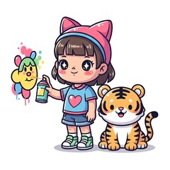 Naklejka premium Cute girl with cat ears hat and tiger cub doing graffiti.