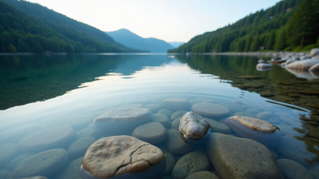 Stones Underwater Reflections with Forest Background
