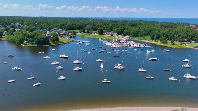 Cohasset Yacht Club at Cohasset Cove aerial view in the harbor in town of Cohasset, Massachusetts MA, USA. 
