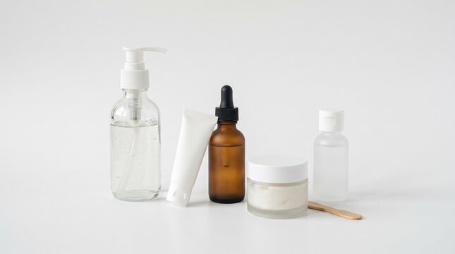 Collection of skincare products including a pump bottle serum dropper tube and cream jar on white background