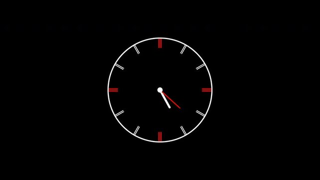 Analog clock spinning rapidly on transparent background with black and red hands.
