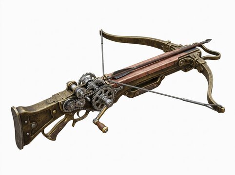Steampunk Crossbow 3D Render with Mechanical Gears and Antique Brass Details Isolated on White Background