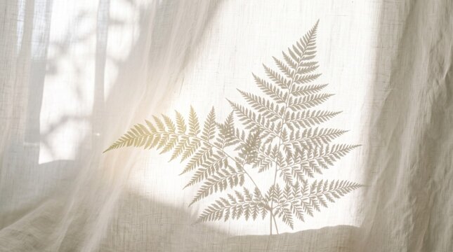 Fern leaf shadow on white linen curtain backlit by soft morning sunlight, minimal botanical concept background