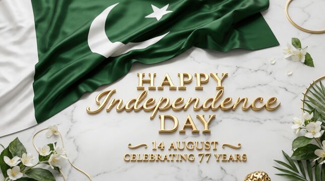 Pakistan flag rests on a marble backdrop adorned with white flowers and golden lettering for the annual Independence Day ceremony.