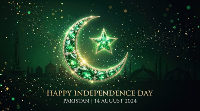 Pakistan Independence Day celebration poster showcases a jewel-encrusted crescent moon and star against a dark green starry background with a mosque silhouette.