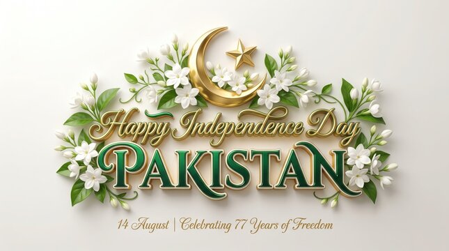 Pakistan Independence Day emblem commemorates seventy-seven years of freedom with gold lettering and white jasmine flowers on a minimalist background.