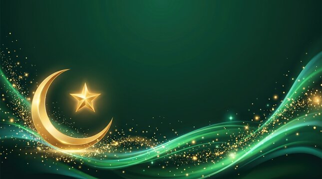 Crescent moon and star rendered in gold glow amidst swirling green light waves and glittering particles to celebrate Pakistan independence.