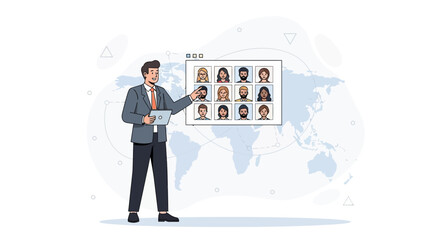 Obraz premium Man points to video conference grid of diverse people on world map background, illustrating global connection and teamwork.