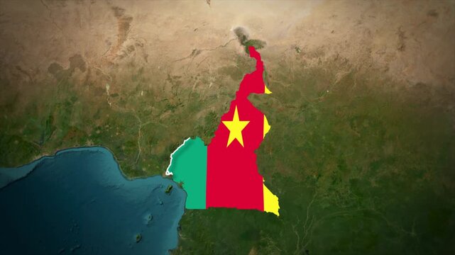 Cameroon Flag Map Animation, Zoom From Space to Cameroon, Africa Country Location Map, Republic of Cameroon on Realistic Terrain Background