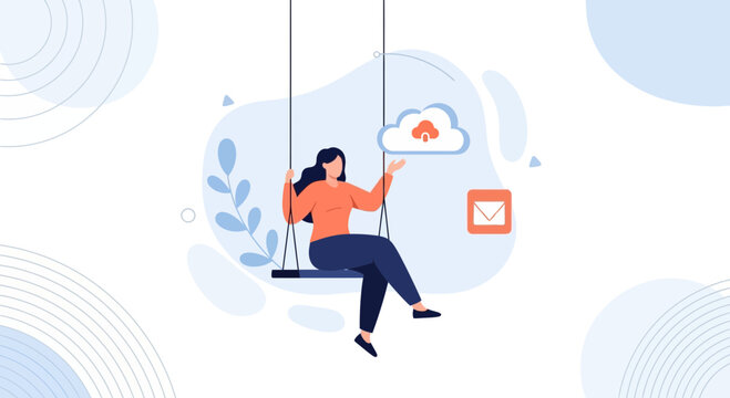 Woman Swinging with Cloud Storage and Email Icons, Representing Digital Life and Connectivity