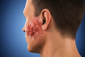 Naklejka premium 3D Illustration of Severe Facial Cellulitis and Bacterial Skin Infection on Male Cheek, Medical Dermatology Concept 