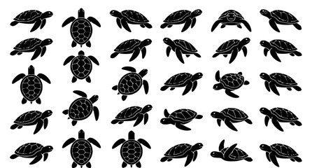 Fototapeta premium Marine Sea Turtle Silhouette Icon Pack Black Ocean Wildlife Vector Collection