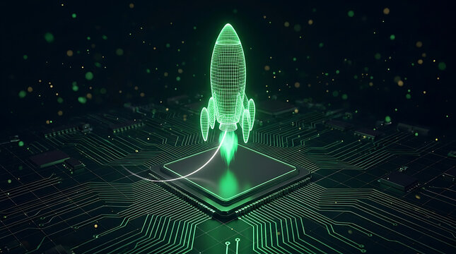 Digital circuit board rocket launch representing technological innovation and software development startup concept with technology innovation software computer processor hardware electronic