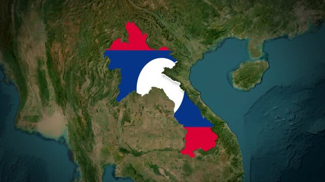 Laos Flag Map Animation, Zoom From Space to Laos, Asia Country Location Map, Lao People's Democratic Republic on Realistic Terrain Background