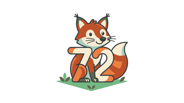 Cute Fox Character with Number 72, Isolated on White