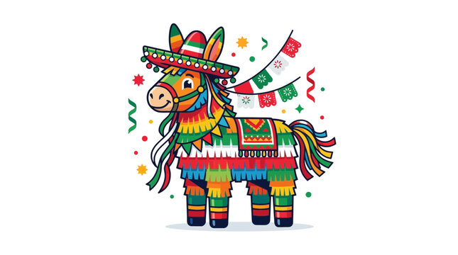 Colorful festive donkey pinata illustration with sombrero and party confetti