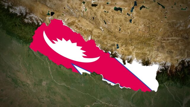 Nepal Flag Map Animation, Zoom From Space to Nepal, Asia Country Location Map, Federal Democratic Republic of Nepal on Realistic Terrain Background