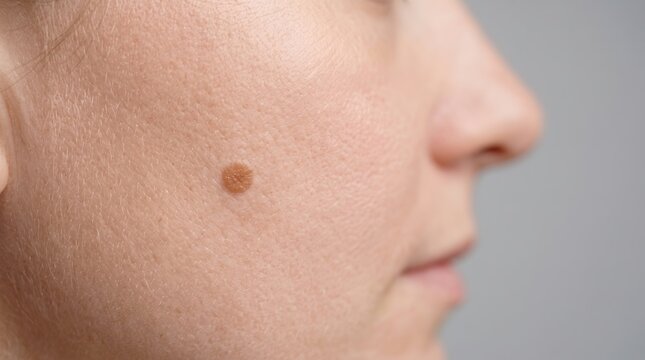 Pigmented Nevus Mole on Caucasian Woman Cheek Skin Dermatological Inspection