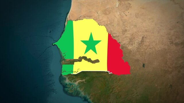 Senegal Flag Map Animation, Zoom From Space to Senegal, Africa Country Location Map, Republic of Senegal on Realistic Terrain Background