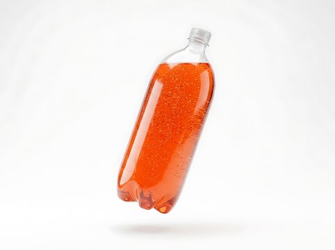 A single plastic bottle filled with refreshing orange soda drink floating in the air for refreshment. 2 liter soda