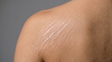 Fototapeta premium Silver White Stretch Marks Striae Distensae Micro Lines on Male Shoulder Skin