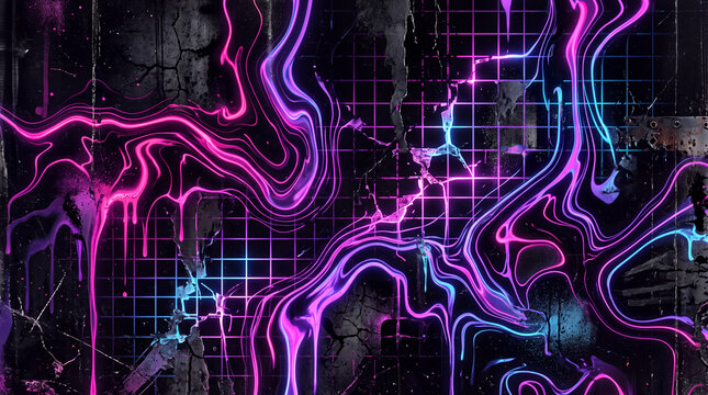Neon Y2K Cyber Grunge with Liquid Lines｜ネオンの液体ラインとグリッドを重ねたY2Kグランジ背景