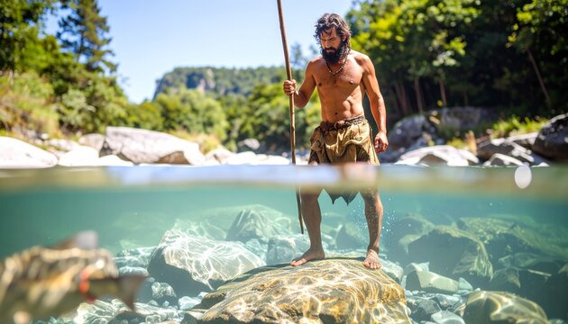 Primitive man standing in a river with a wooden spear