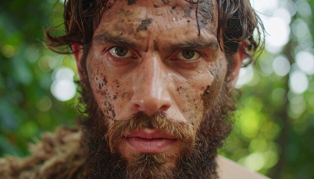 Close-up Portrait of a Man with Muddy Face in Nature