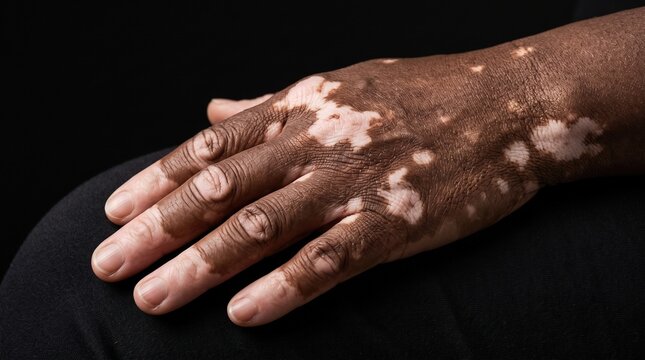 Vitiligo Pigmentation Loss Leukoderma Patches on Dark Skin Hand Macro