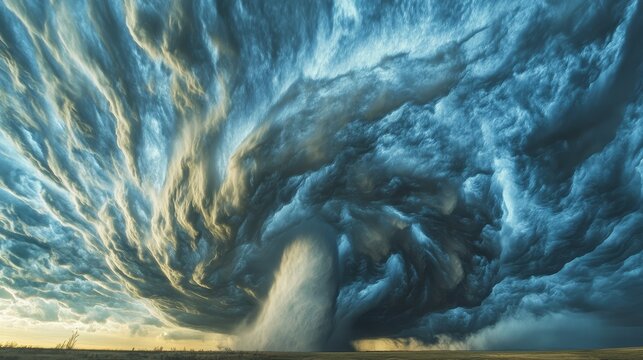 Swirling storm clouds forming a powerful vortex over a flat landscape at dusk