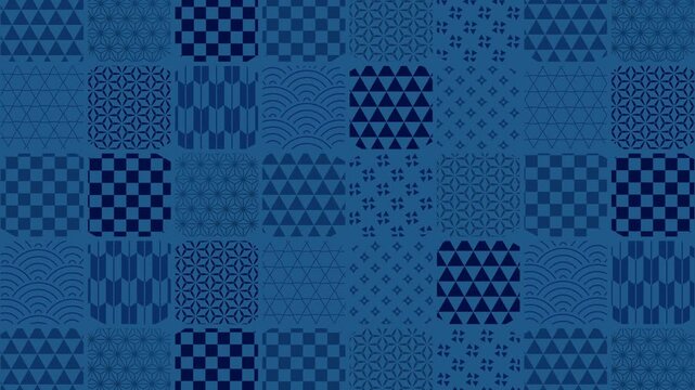 Blue Japanese Traditional Geometric Pattern Collage 4K