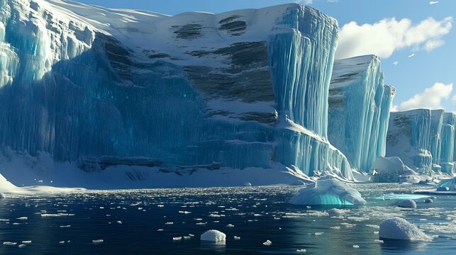 Towering blue ice formations and glaciers rise from the frigid ocean under a bright sky with clouds