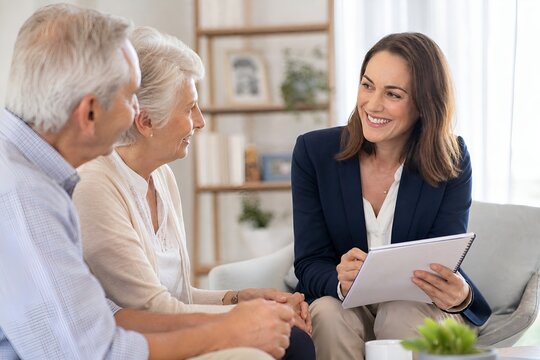 Financial Advisor Discussing Future Planning and Retirement Options with a Happy Senior Couple