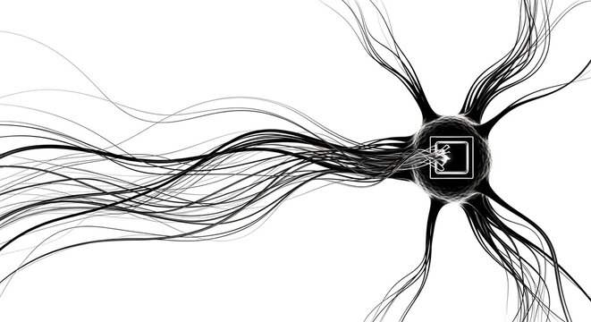 Abstract digital neuron with processor node representing artificial intelligence neural network connectivity