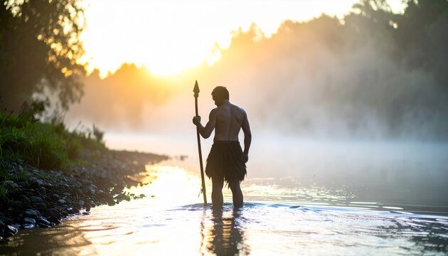 Man with a spear standing in a misty river at sunrise