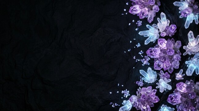 Luminous purple amethyst and blue quartz crystals on dark textured rock background with copy space