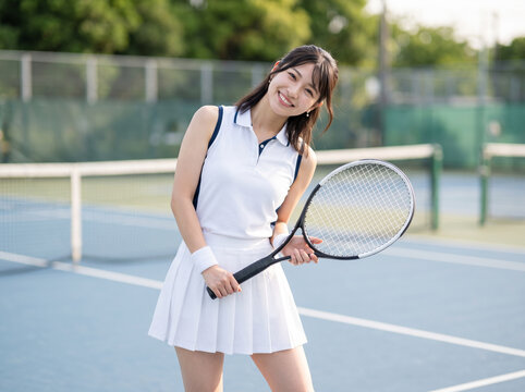 テニスコートでラケットを持ち笑顔で見つめる女性