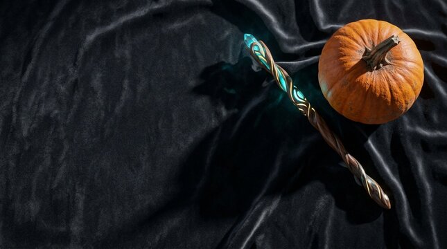 Magic wand with glowing blue crystal and orange pumpkin on black velvet background with copy space