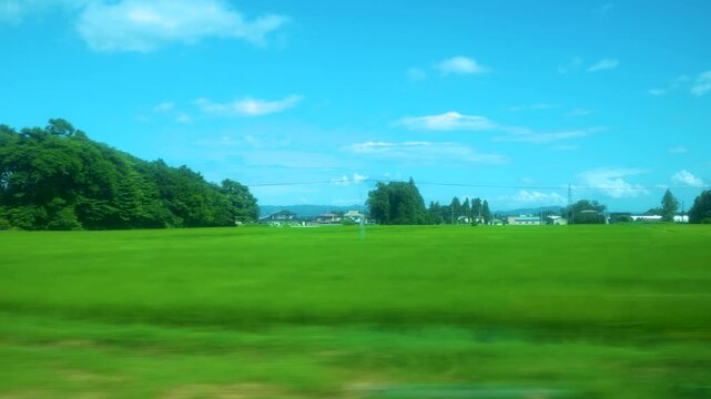 日本の栃木の田園を走る各駅電車の車窓