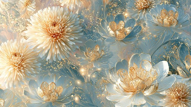 Light blue lavender pattern with stylized metallic gold flowers, glitter and luminous spots, luxury pastel tapestry background