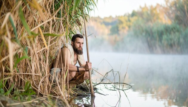 Bearded man with a spear crouching by a misty riverbank