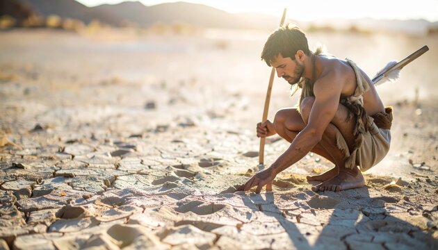 Primitive hunter tracking in a dry desert landscape